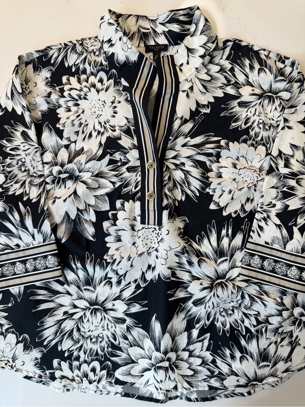 Talbots Petite Large Black White Floral Tunic Blouse Striped Trim LP